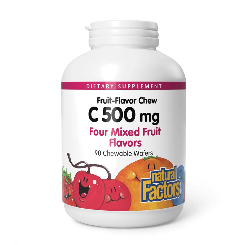 Natural Factors, Kids Chewable Vitamin C 500 mg, Supports Immune Health, Bones, Teeth and Gums, Mixed Fruit, 90 Wafers 90 Count (Pack of 1)