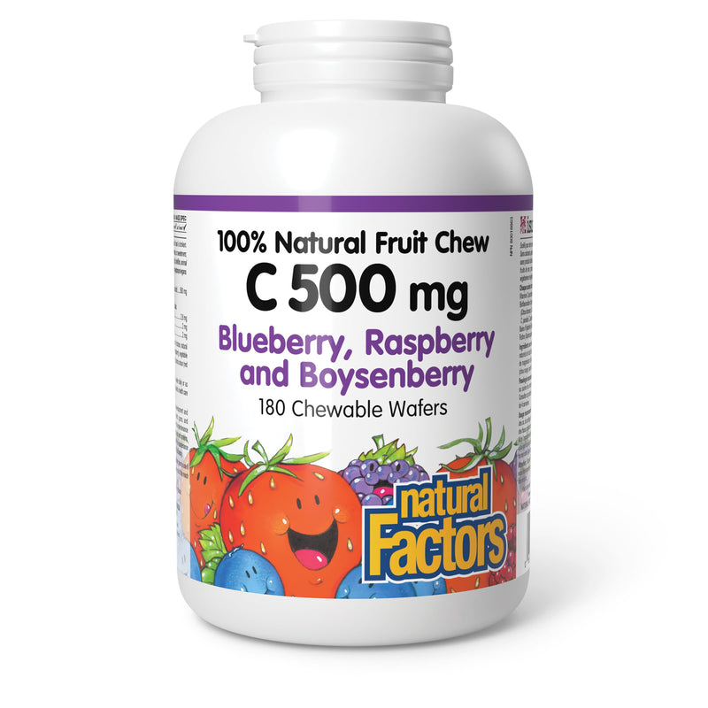 Natural Factors, Kids Chewable Vitamin C 500 mg, Supports Immune Health, Bones, Teeth and Gums, Blueberry, Raspberry and Boysenberry, 180 Count (Pack of 1) Blueberry Raspberry and Boysenberry 180 Count (Pack of 1)