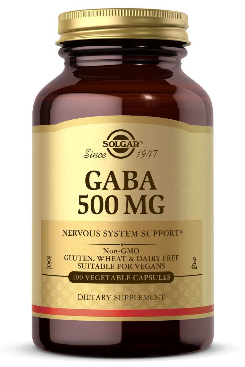 Solgar GABA 500 mg, 100 Vegetable Capsules, Nervous System Support | Amino Acid - Non-GMO, Relaxation, Vegan, Gluten Free, Dairy Free, Kosher - 100 Servings
