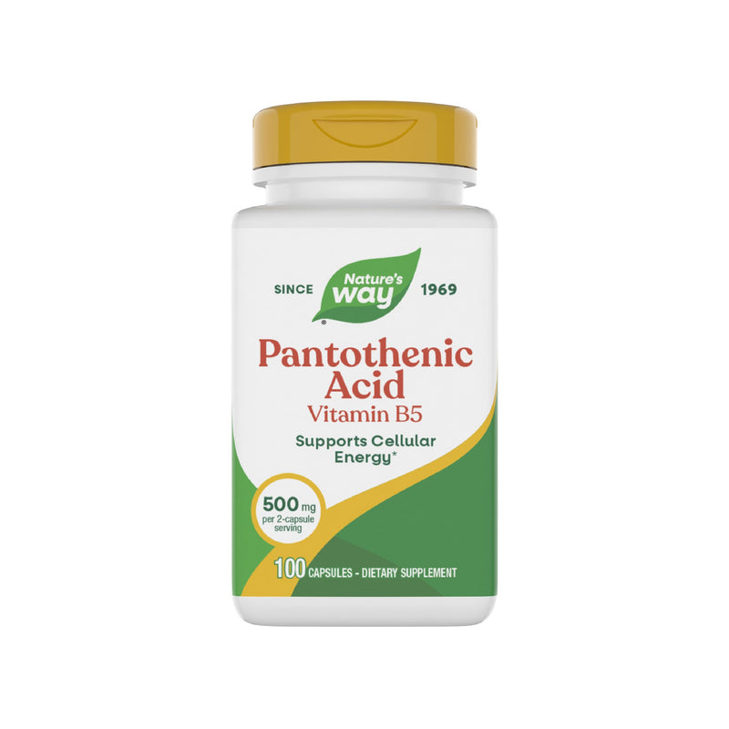 Nature's Way Pantothenic Acid Capsules, Supports Cellular Energy*, 100 ct | 500 mg per Serving, Vitamin B5, Helps Convert Food to Fuel*, Gluten-Free, Dietary Supplement Unflavored 100 Count (Pack of 1)