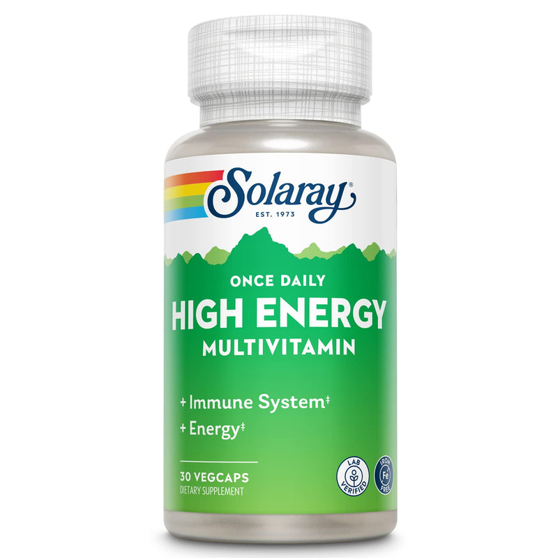 SOLARAY Once Daily High Energy Multivitamin, Iron Free, Immune System and Energy Support, Whole Food and Herb Base Ingredients, Mens and Womens Multi Vitamin (30 Servings, 30 VegCaps) 30 Count (Pack of 1)