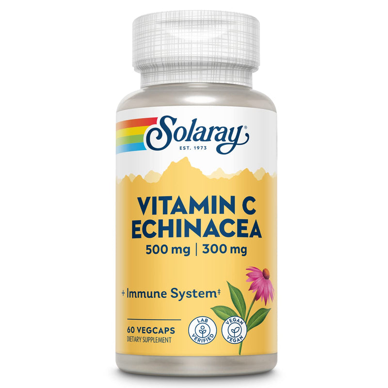 SOLARAY Vitamin C & Echinacea Root | Healthy Immune System Support w/ 500 mg VIT C & 300 mg Echinacea Per Capsule | Non-GMO & Vegan | 60 VegCaps 60 Count (Pack of 1)