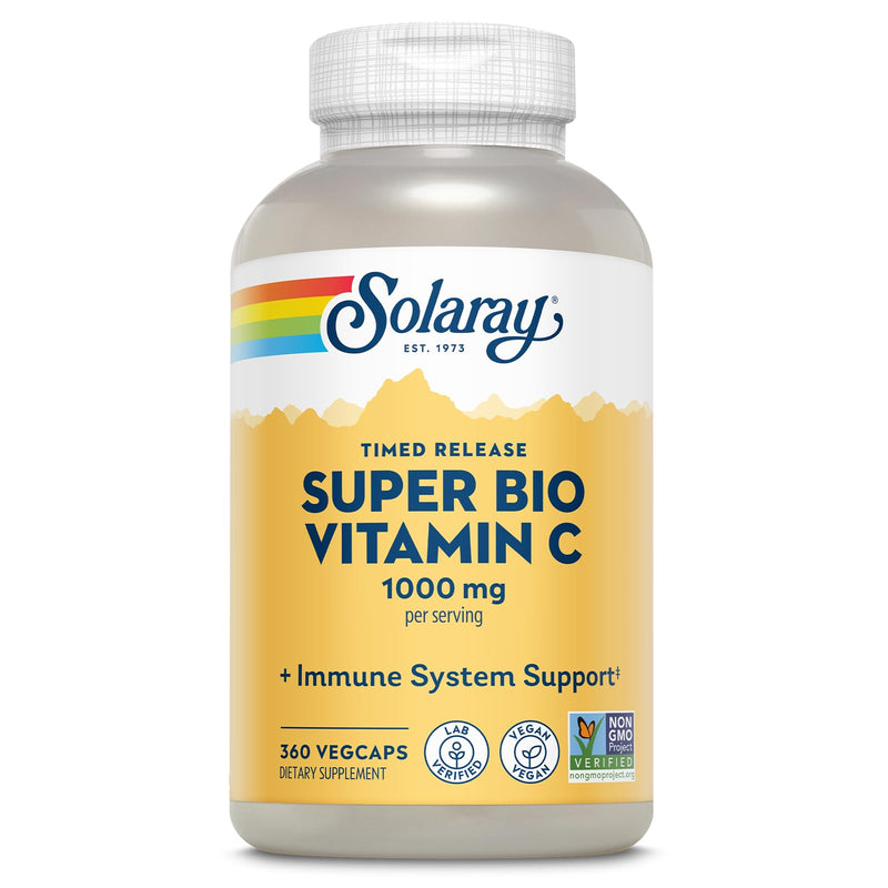 SOLARAY Super Bio Buffered Vitamin C 1000 mg Time Release, 360 VegCaps | Immune, Heart & Antioxidant Support - Buffered with Bioflavonoids - 180 Servings - Vegan, Lab Verified Unflavored 360 Count (Pack of 1)
