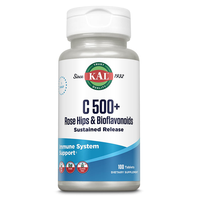 KAL C 500+ Sustained Release Tablets - Vitamin C Supplement with Rose Hips & Bioflavonoids for Adults, Immune Health Support for Women & Men, Vegan, Gluten Free - 100 Count