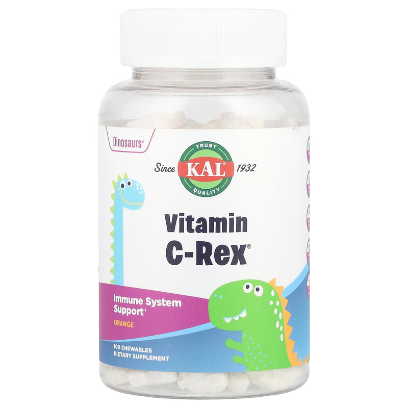 KAL C-Rex Chewable Vitamin C for Kids, Immune Support Supplement with Bioflavonoids from Rose Hips, Rutin & Acerola, Tasty Orange, Fructose Free, Chewable Tablets