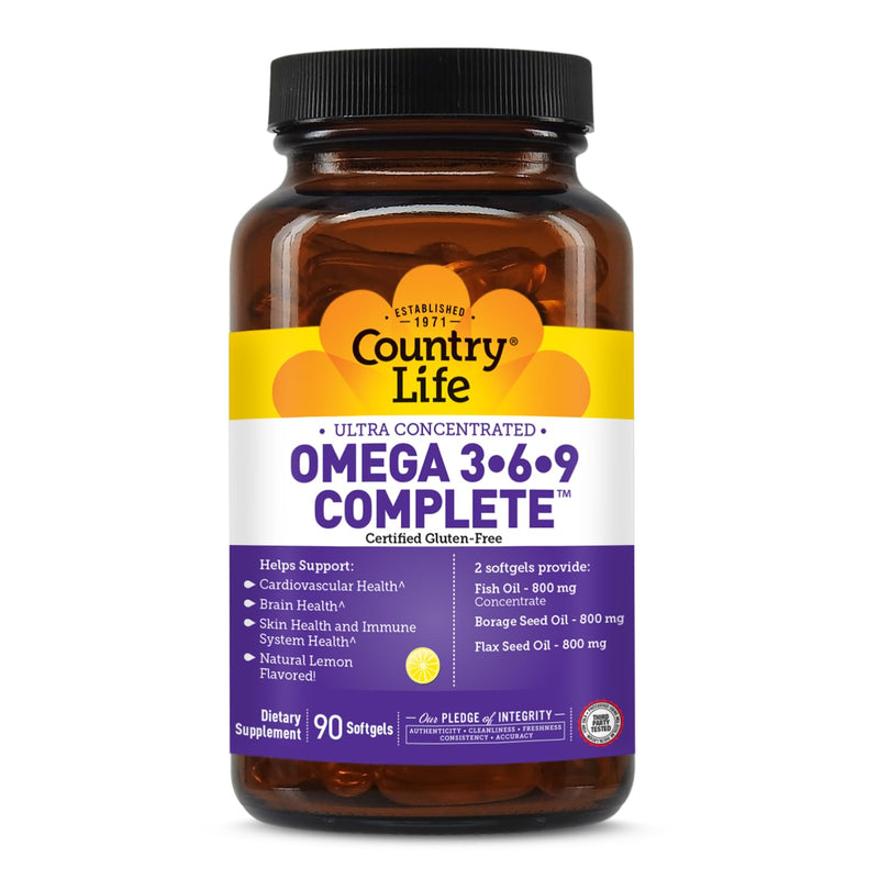 Country Life Omega 3-6-9 Complete, 1,534 mg per Serving, 90 Softgels | Fish, borage and flax seed oils provide EPA, DHA, GLA and ALA with natural lemon flavor; 45 servings