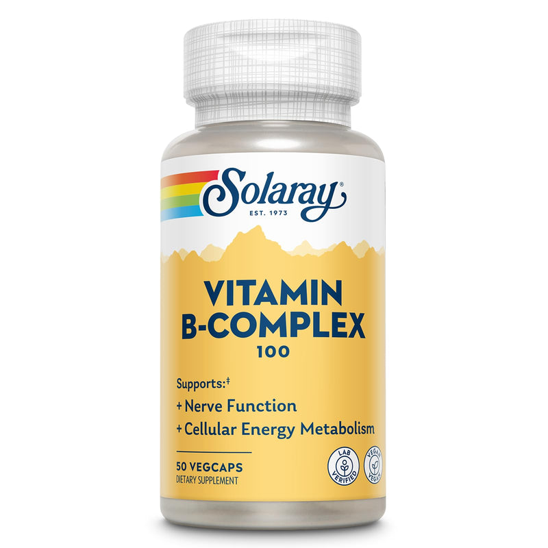 SOLARAY Vitamin B Complex 100mg - Cellular Energy, Nerve and Heart Health Support - Supplies All 8 B Complex Vitamins - Vitamin B12, B1, B2, B3, B6, Niacin, Folic Acid and Biotin - Vegan, 50 Servings | Complete B Complex Vitamins for Women & Men with F...
