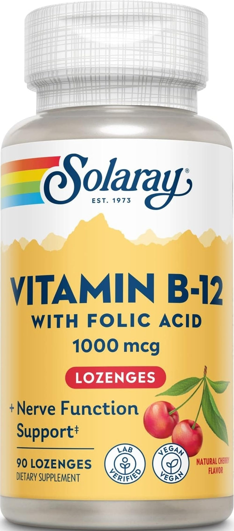Solaray Vitamin B-12 1000mcg Lozenges, Natural Cherry Flavor, 90 Count | B12 Vitamins 1000 Mcg, Cyanocobalamin for Women & Men, B-Vitamins for Cellular Energy Support & Nerve Health