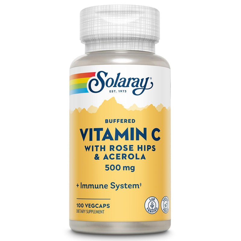 SOLARAY Buffered Vitamin C 500mg w/Rose Hips and Acerola, 100 Servings | Immune Support Supplement, Antioxidant Source - Buffering Base of Calcium, Magnesium for Easy Digestion - Vegan, Lab Verified