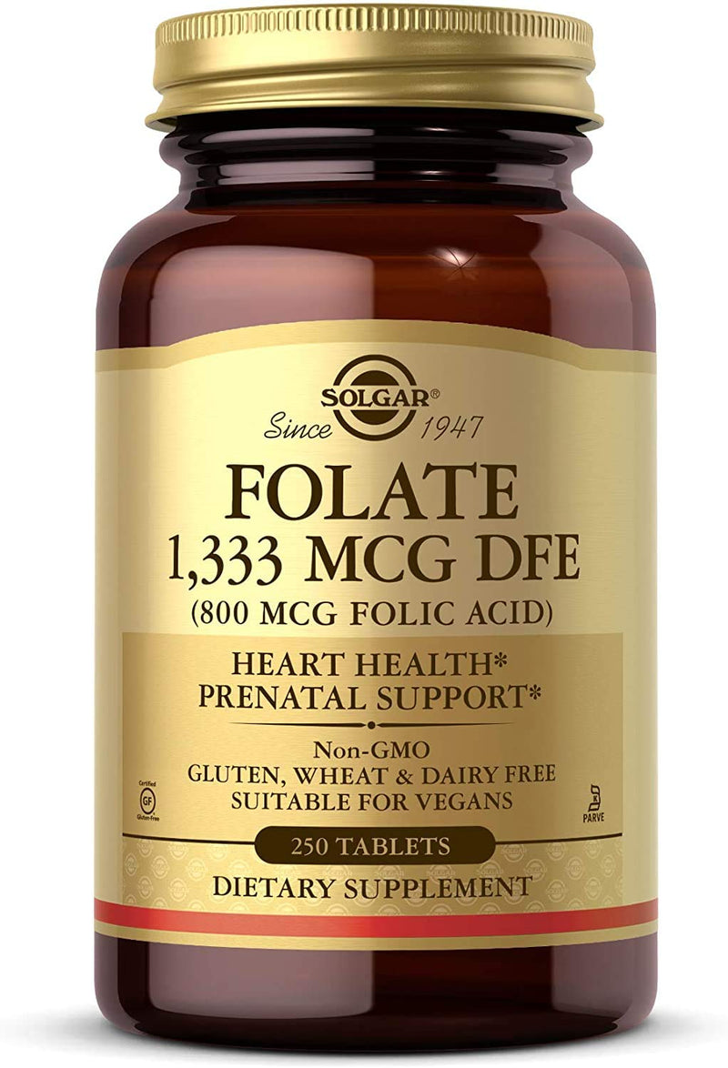 Solgar Folate 1,333 MCG Dietary Folate Equivalent, 250 Tablets | (800 MCG Folic Acid), Heart Health, Healthy Nervous System, Prenatal Support - Non-GMO, Vegan, Gluten Free, Dairy Free 250 Count (Pack of 1)