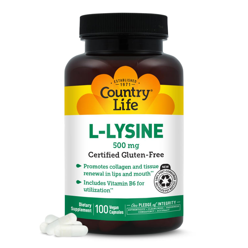 Country Life L-Lysine 500mg with Vitamin B6, 100 Vegan Capsules | Essential amino acid formula supporting collagen structure and tissue renewal in the lips and mouth 100 Count (Pack of 1)