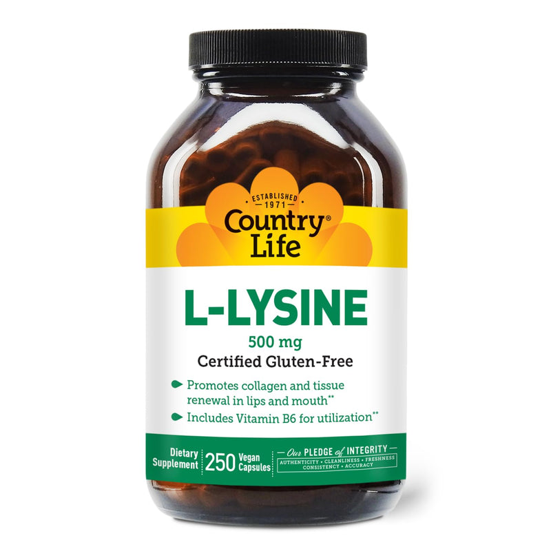 Country Life L-Lysine 500mg with B-6, Supports Immune Health, Promotes Collagen Renewal in Lips and Mouth, 250 Vegan Capsules, Certified Gluten Free, Certified Vegan 250 Count (Pack of 1)
