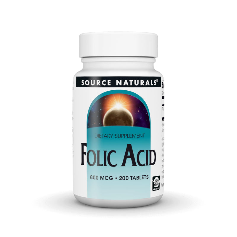 Source Naturals Folic Acid, 800 mcg - 200 Vegetarian Tablets | Non-GMO validated | Supports Cellular Health* 1
