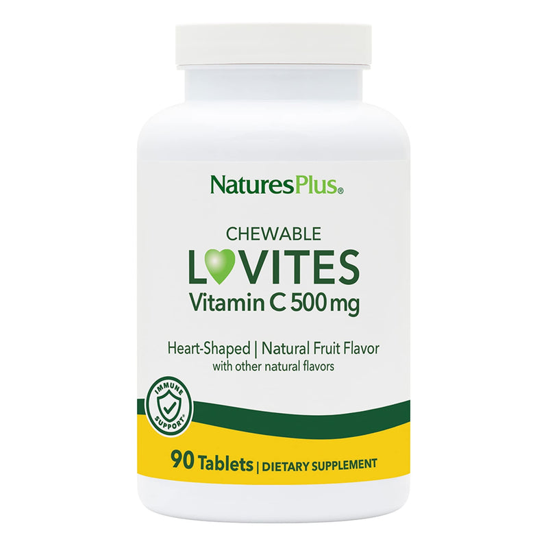 NaturesPlus Lovites - 90 Chewable, Heart-Shaped Tablets - 500mg Vitamin C - Natural Fruit Flavor - Vegan, Gluten Free - 90 Servings 90 Count (Pack of 1)