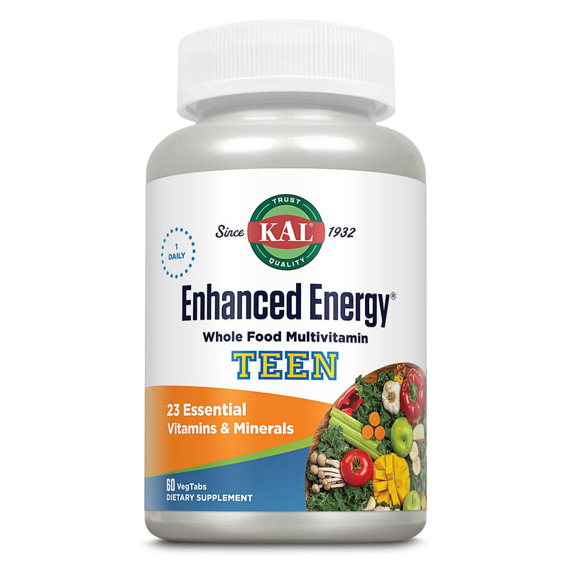KAL Teens Enhanced Energy Supplements - Once Daily Whole Food Multivitamin w/Iron - 23 Vitamins and Minerals - Brain and Immune Support w/Super Foods - Vegetarian, 60-Day Guarantee, 60 Serv, 60 Tabs | Daily Supplement for Teens W/ 25 Essential Vitamins...