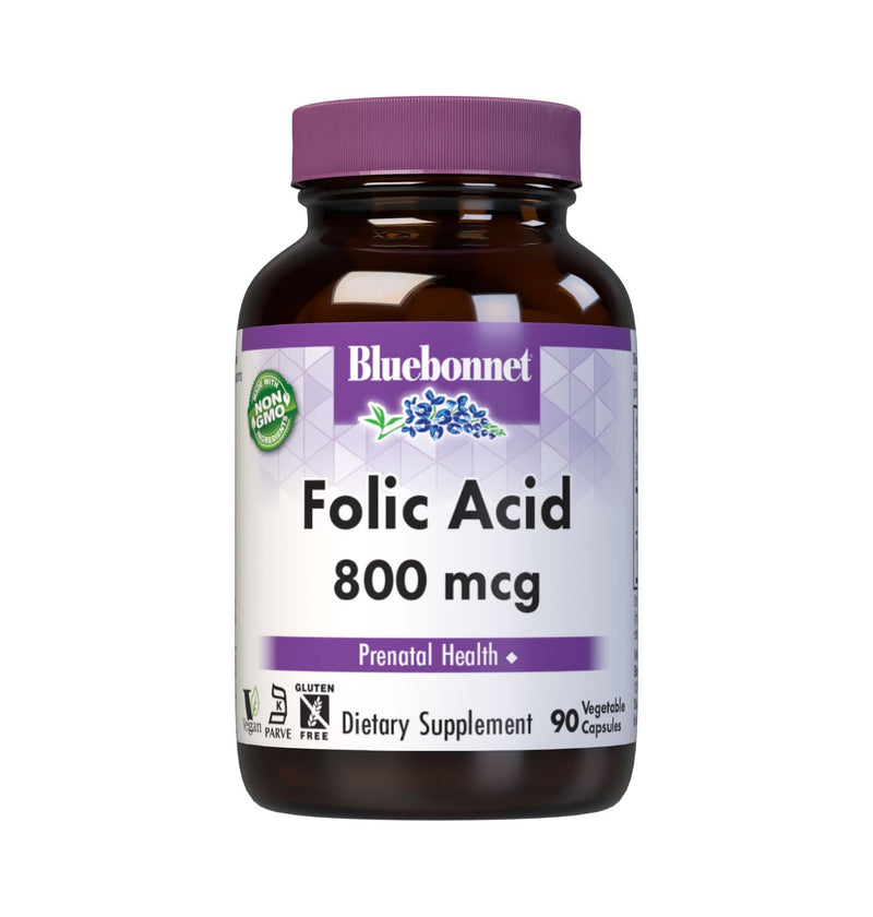 Bluebonnet Nutrition Folic Acid 800mcg, Healthy Neurological Development*, Soy-Free, Gluten-Free, Non-GMO, Kosher Certified, Dairy-Free, Vegan, 90 Vegetable Capsules | Prenatal & Postnatal Health; Non-GMO, Vegan, Kosher Certified, Gluten-Free, Soy-Free...