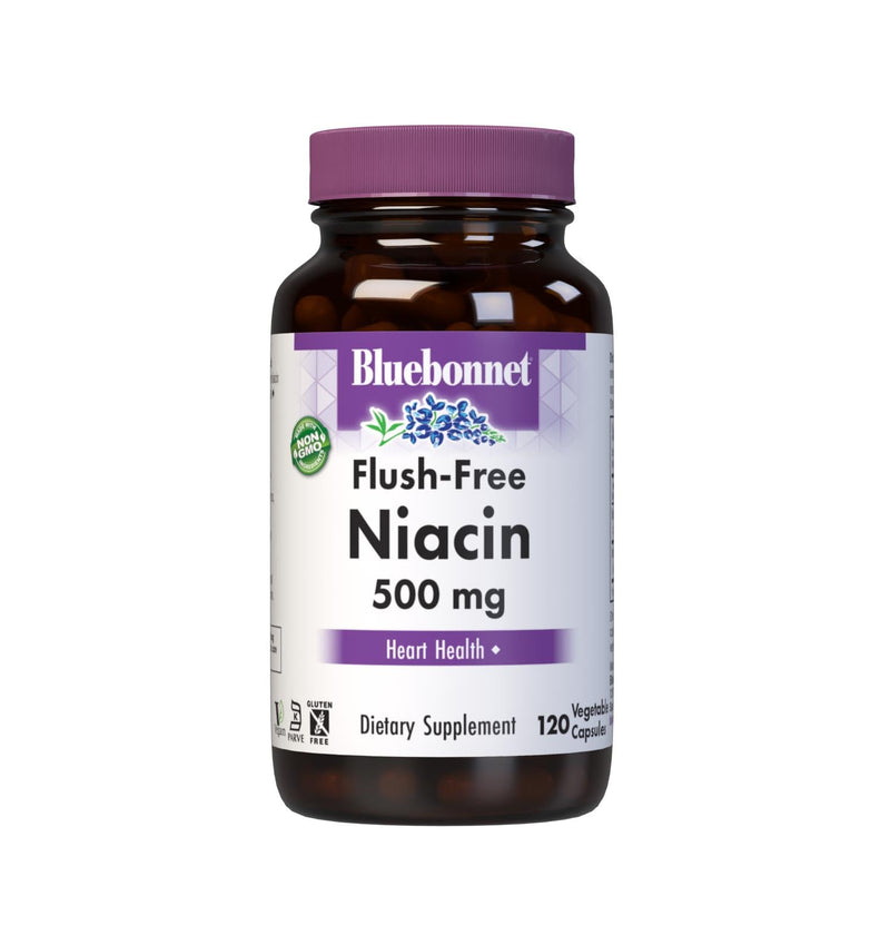 Bluebonnet Nutrition Flush-Free Niacin 500mg, for Nutritional Cardiovascular Support Vegetable Capsules, Soy/Dairy/Gluten Free, Non-GMO, Kosher Certified, Vegan, White, 120 Count | Heart Health; Non-GMO, Vegan, Kosher Certified