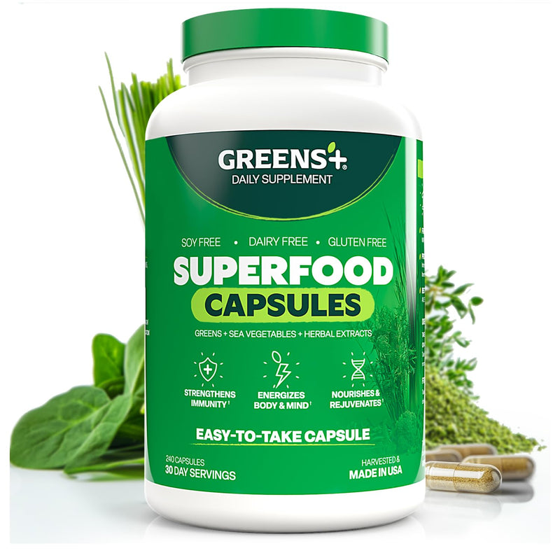 Greens+ Organic Superfood Capsules, Naturals Dietary Supplement | 240 Count | Organic Spirulina and Chlorella, with Alfalfa & Wheat Grass, Vitamins & Minerals Supplements, Gluten-Free, Vegan, Non-GMO