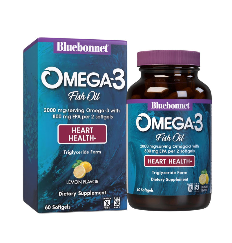 Bluebonnet Nutrition Omega-3 Heart Formula Natural Wild Caught Triglyceride Form DHA 600 mg EPA 800 mg - Highly Concentrated Heart Health Support Supplement - Gluten-Free - 60 Softgel | Heart Health; Gluten-Free, Soy-Free