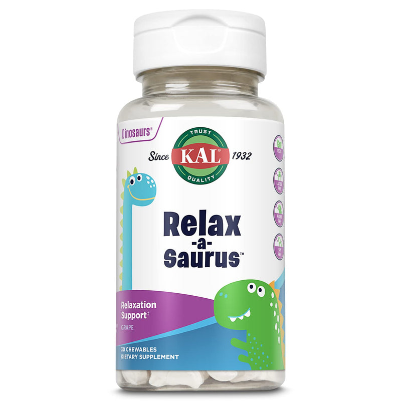 KAL Relax-a-Saurus, Stress Support Supplement for Kids, L-Theanine for Children with Herbal Stress Relief & Relaxation & Blend, Delicious Natural Grape Flavor, 60-Day Guarantee, 30 Chewables | Kids Stress & Calm Support - L-Theanine, Chamomile & Passio...