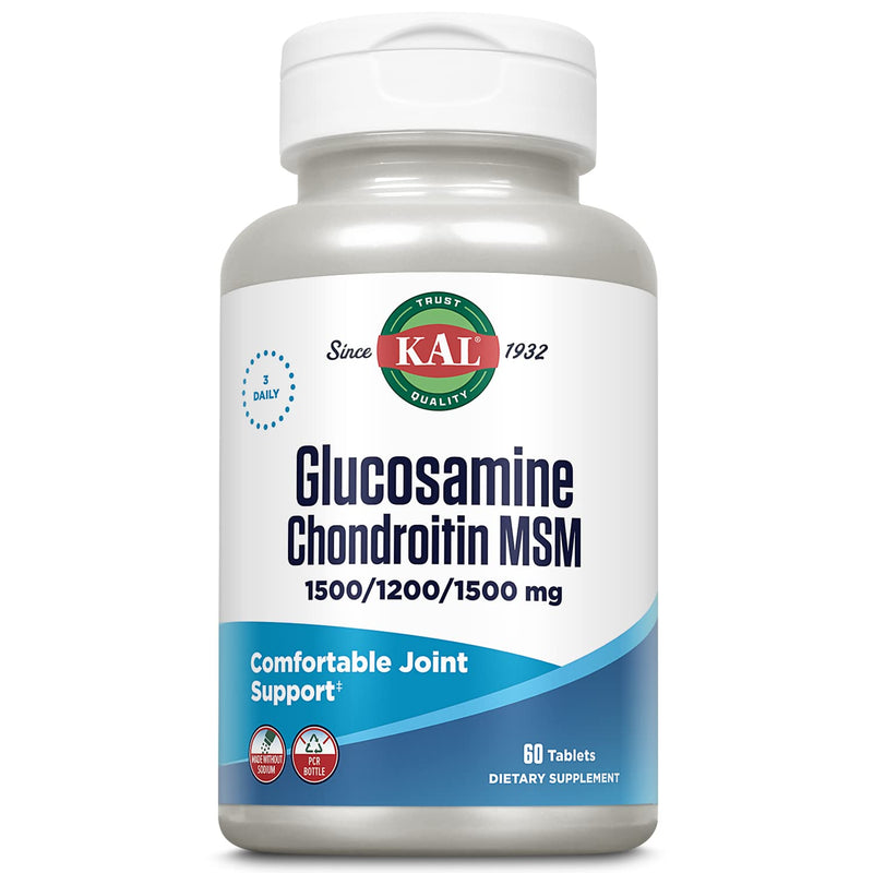 KAL Glucosamine Chondroitin MSM, Joint Support Supplement for Women and Men, 1500mg Glucosamine Sulfate, 1200mg Chondroitin, MSM, Rapid Disintegration, 60-Day Guarantee, 20 Servings, 60 Tablets 60 Count (Pack of 1)
