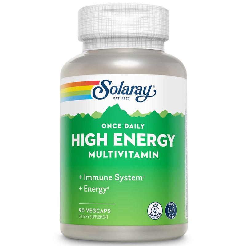 SOLARAY Once Daily High Energy Multivitamin, Iron Free, Immune System and Energy Support, Whole Food and Herb Base Ingredients, Mens and Womens Multi Vitamin (90 Servings, 90 VegCaps) 90 Count (Pack of 1)