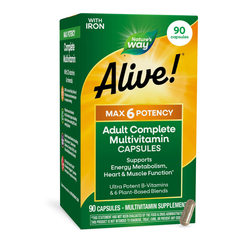Nature's Way Alive! Max6 Potency Adult Complete Multivitamin, 90 ct | Iron, Antioxidant Vitamins A, C, E, B-Vitamins Including Methylated B12 & Folate, Energy Metabolism Support*, 90 Capsules 90 Count (Pack of 1)
