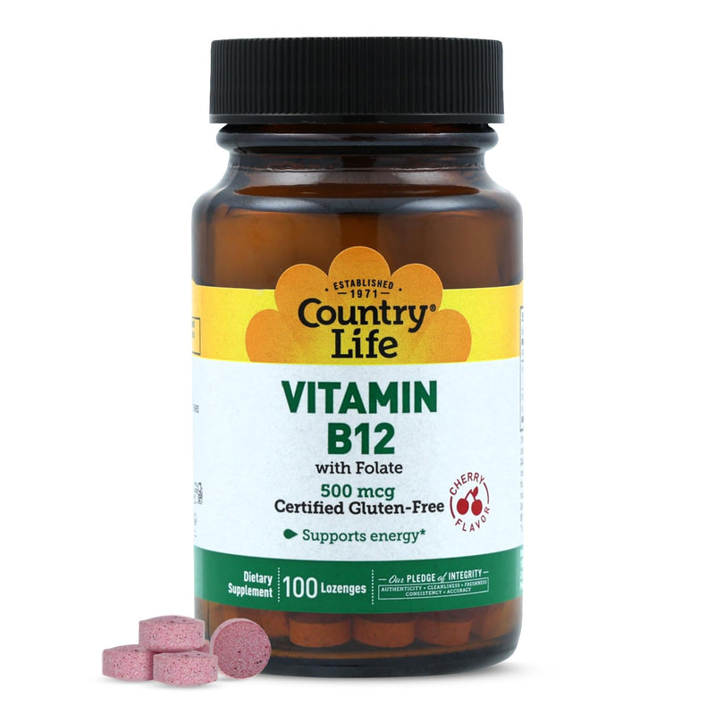 Country Life Vitamin B12 with Folate, Supports Energy & Red Blood Cell Production, 500mcg, 100 Lozenges, Certified Gluten Free, Vegan, Halal, Non-GMO Verified 100 Count (Pack of 1)