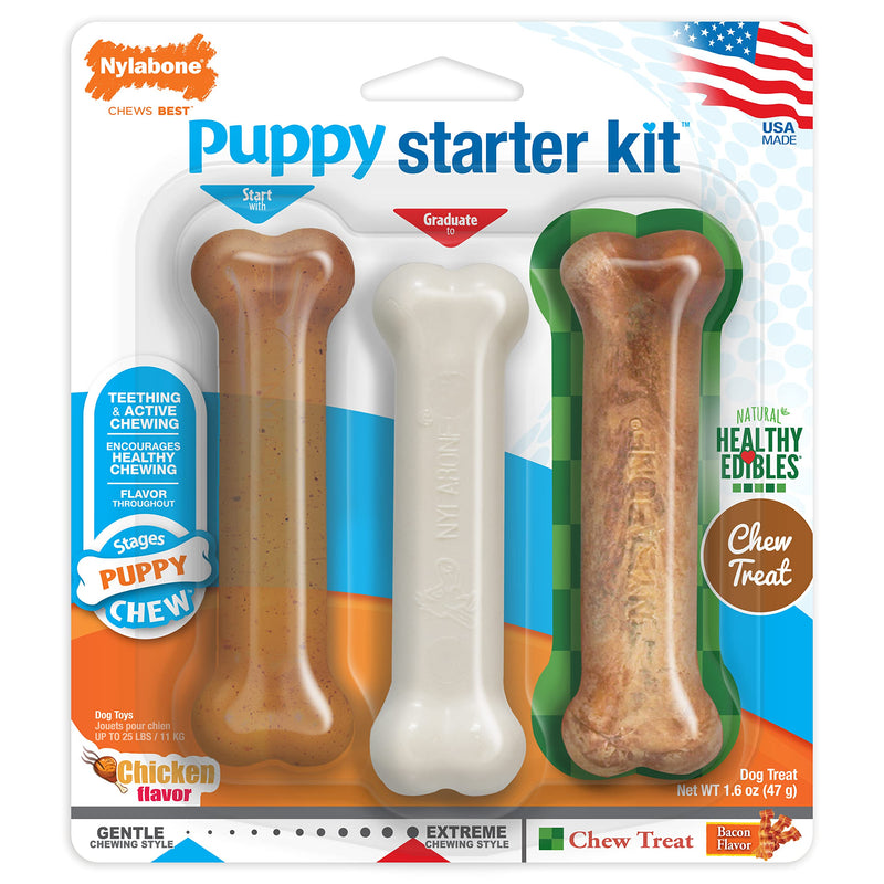 Nylabone Teething Puppy Chew Starter Kit, Two Puppy Chew Toys and Puppy Chew Treat, Puppy Supplies, Chicken & Bacon Flavor, Small/Regular (3 Count) Small/Regular (3 Count) - BeesActive Australia