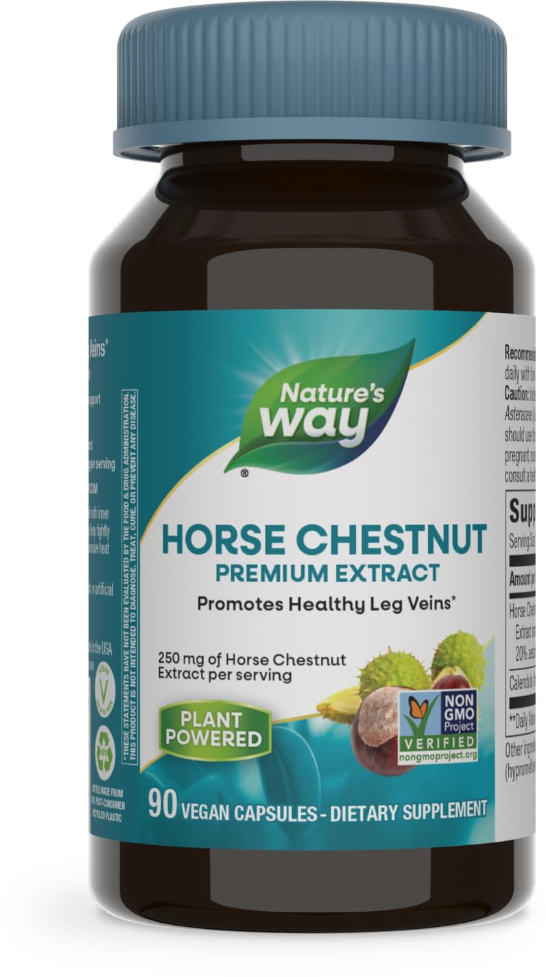 Nature's Way Standardized Horse Chestnut, Premium Extract, Promotes Healthy Leg Veins*, 250 mg per Serving, Vegan, 90 Capsules (Packaging May Vary) 90 Count (Pack of 1) - BeesActive Australia