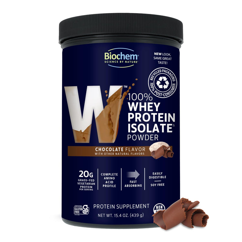 Biochem 100% Whey Protein Isolate, Chocolate, 15.4 oz, 28 Servings | 20g grass-fed whey isolate per serving; certified gluten-free, vegetarian and 99% lactose free 15.4 Ounce (Pack of 1)