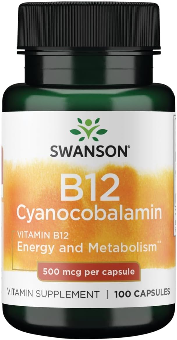 Swanson Vitamin B-12 (Cyanocobalamin), 500 mcg, 100 Capsules | Important for Energy Production, Metabolic Health, and Red Blood Cell Production, Supports Cardiovascular Health 100 Count (Pack of 1)