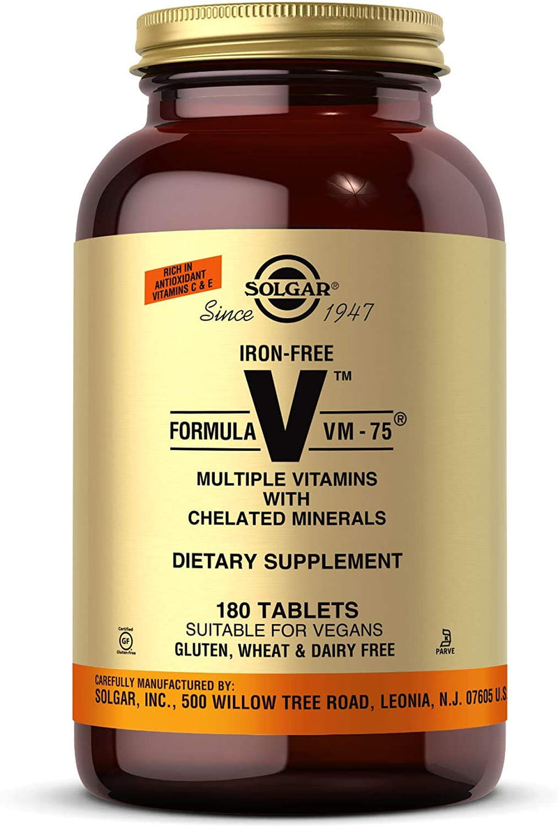 Solgar Iron-Free Formula VM-75, 180 Tablets - Vitamins A, B6, B12, C, D, E | Multivitamin with Chelated Minerals, Biotin, Magnesium, Calcium, Zinc - Vegan, Gluten & Dairy Free, Kosher - 180 Servings Unflavored 180 Count (Pack of 1)