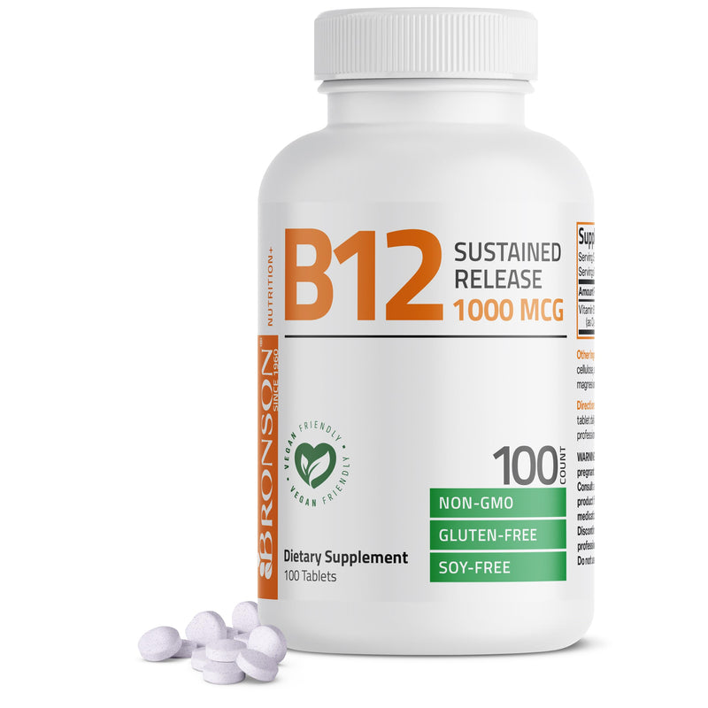 Bronson Vitamin B12 1000 mcg Sustained Release, Energy Support, 100 Tablets | Healthy Brain Function & Nervous System Support, Vegan, Non-GMO, Gluten-Free & Soy-Free 100 Count (Pack of 1)