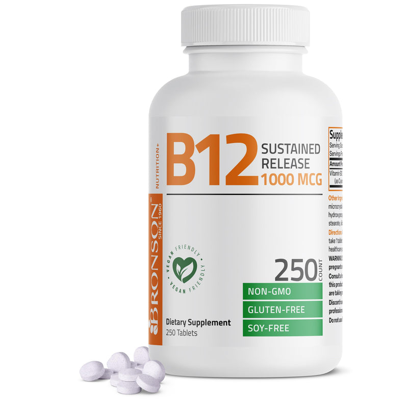 Bronson Vitamin B12 1000 mcg Sustained Release, Energy Support, 250 Tablets | Healthy Brain Function & Nervous System Support, Vegan, Non-GMO, Gluten-Free & Soy-Free 250 Count (Pack of 1)