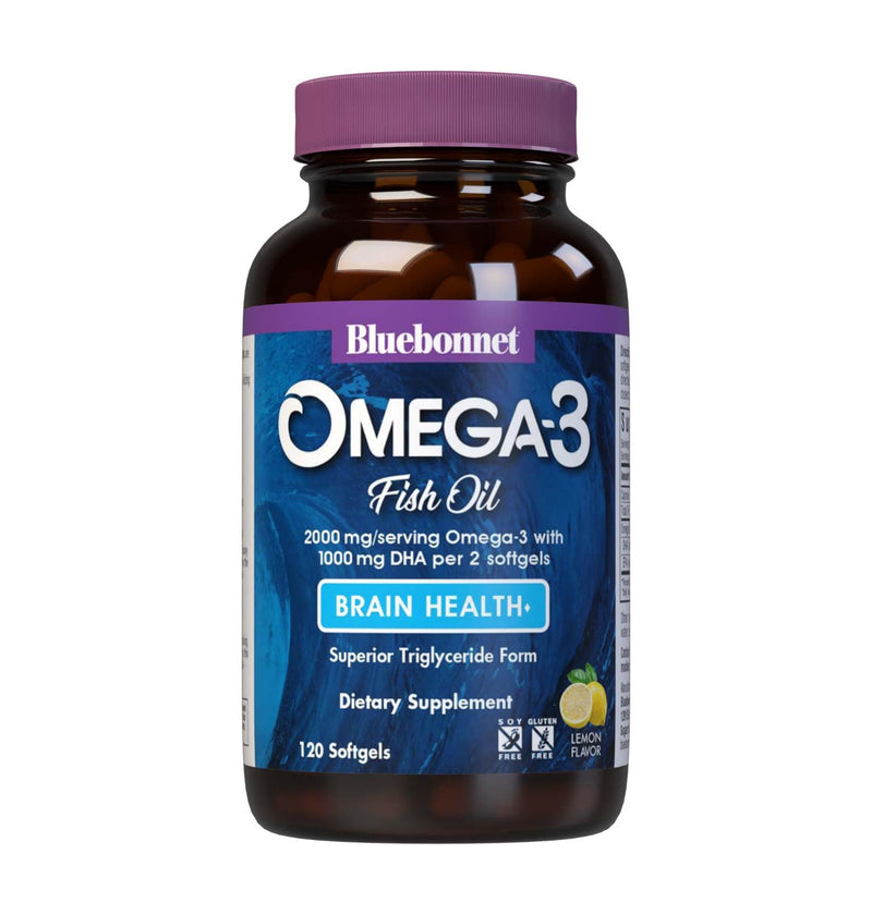 BlueBonnet Nutrition Omega-3 Brain Formula Natural Wild Caught Triglyceride Form DHA 1000 mg EPA 210 mg, Highly Concentrated Cognitive Health & Wellness Support Supplement, Gluten-Free Softgel, Yellow/Clear, Lemon, 120 Count | Brain Health; Gluten-Free...