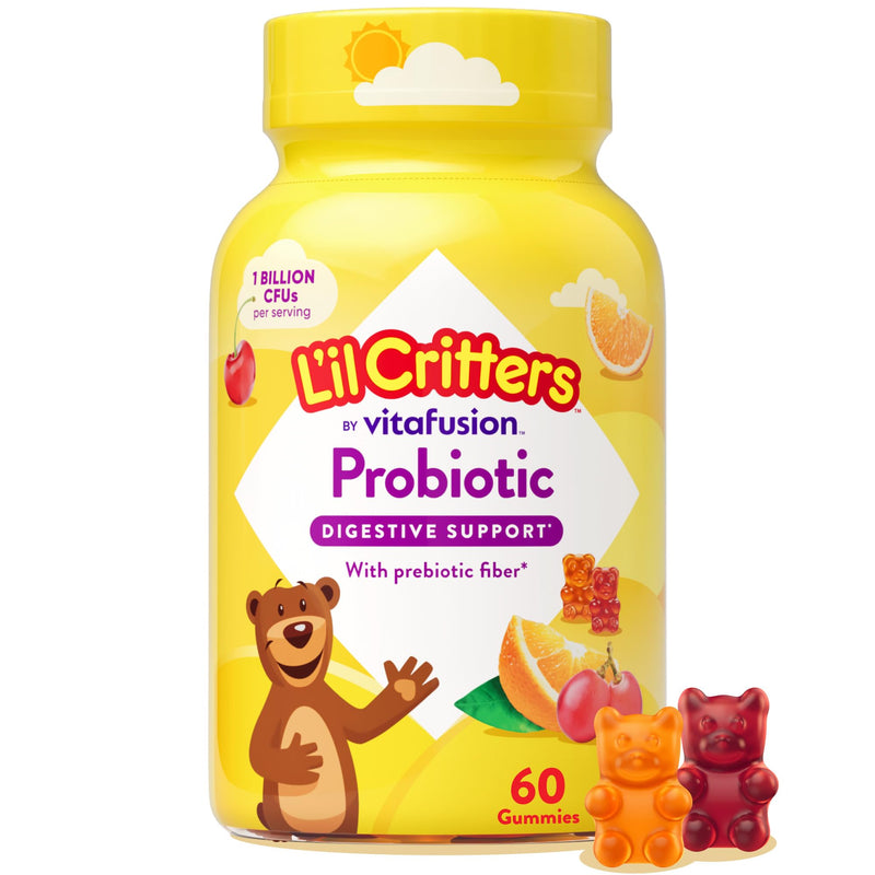 L'il Critters Kids Probiotic Gummies | 60 Children's Gummy Vitamins | with Prebiotic Fiber | 1 Billion CFUs | Assorted Fruit Flavors | Gluten, Dairy, & Gelatin-Free Supplement 60 Count