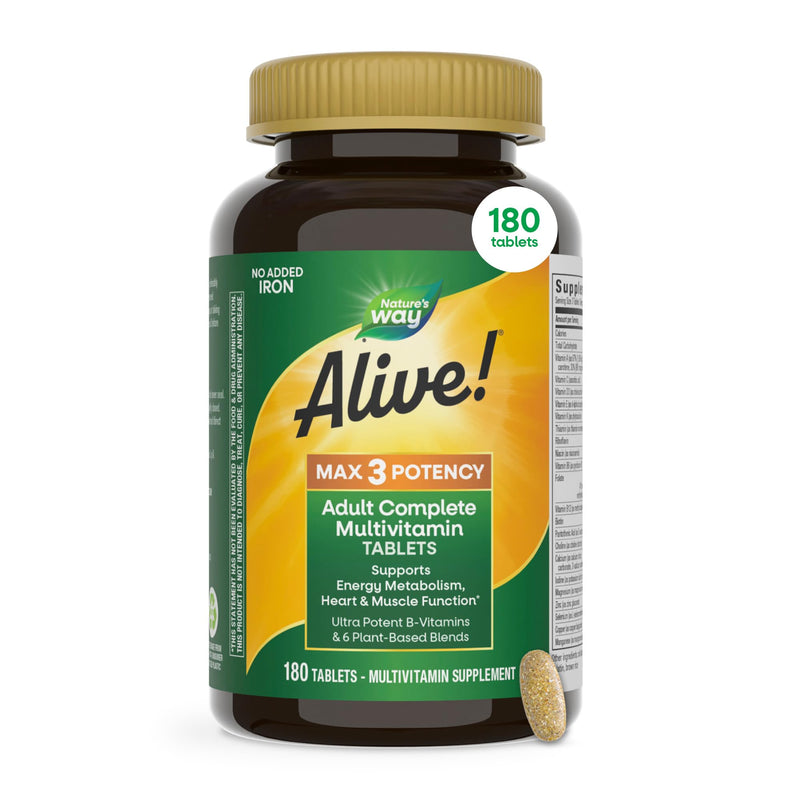 Nature's Way Alive! Max3 Potency Daily Multivitamin, No Iron Added, 180 ct | High Potency Adult Multivitamin Tablets to Support Cellular Energy Metabolism, Heart, and Muscle Function for Women & Men* 180 Count (Pack of 1)