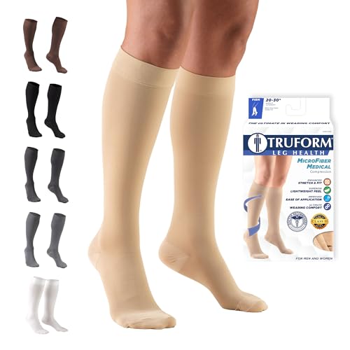 Truform 20-30 mmHg Compression Stockings for Men and Women, Knee High Length, Closed Toe Beige Medium (1 Pair) Microfiber Knit