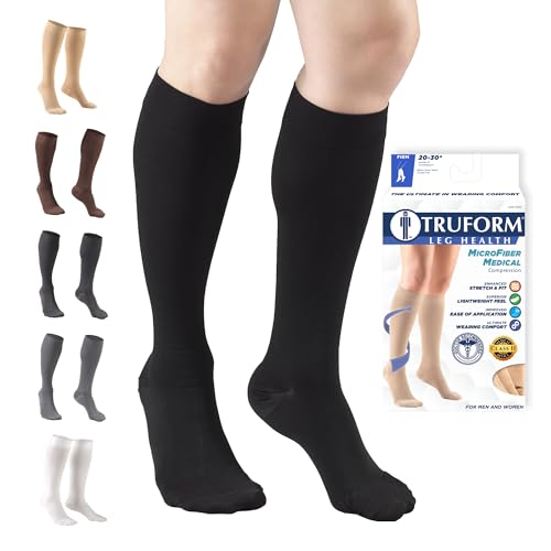 Truform 20-30 mmHg Compression Stockings for Men and Women, Knee High Length, Closed Toe Black X-Large (1 Pair) Microfiber Knit