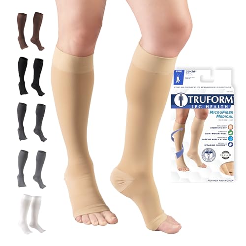 Truform 20-30 mmHg Compression Stockings for Men and Women, Knee High Length, Open Toe Beige X-Large (1 Pair) Microfiber Knit