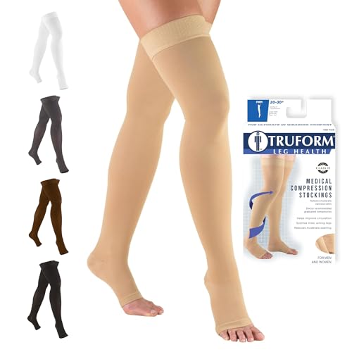 Truform 20-30 mmHg Compression Stockings for Men and Women, Thigh High Length, Dot-Top, Open Toe Beige Medium (1 Pair)