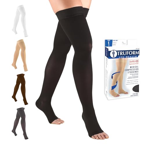 Truform 20-30 mmHg Compression Stockings for Men and Women, Thigh High Length, Dot-Top, Open Toe Black Large (1 Pair)