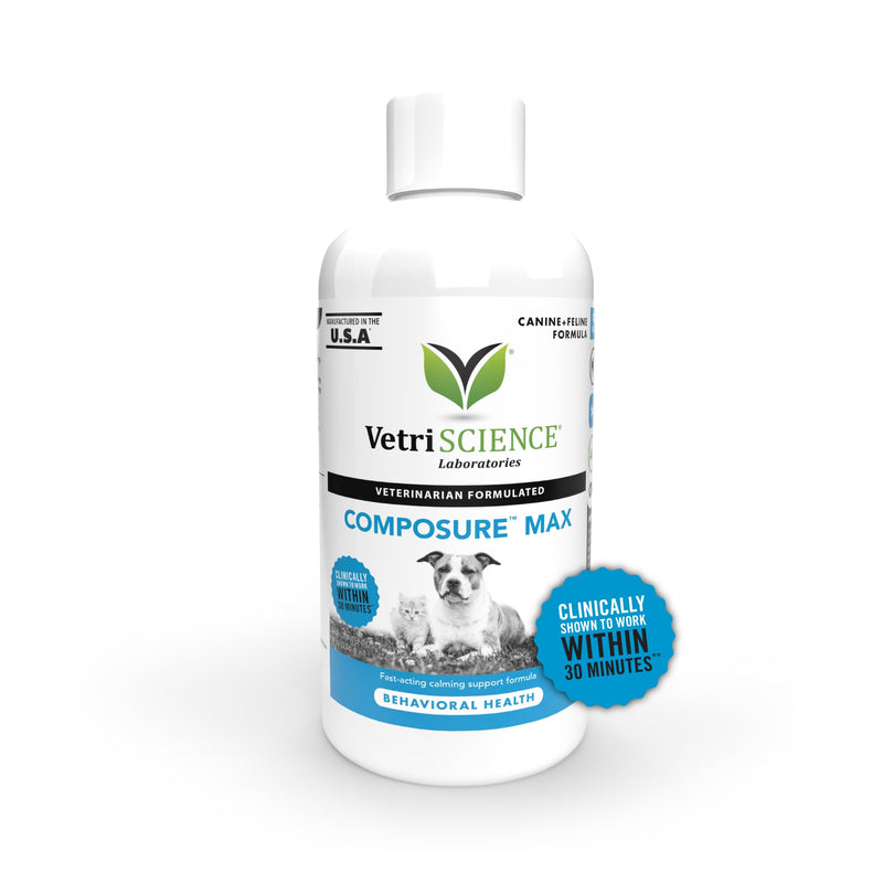 VetriScience Composure Max Liquid Formula - Clinically Proven Dog Calming and Cat Calming Supplement with Colostrum, L-Theanine & Vitamin B1 for Stress, Storms, Separation & More - 8 oz Unflavored 8oz (Pack of 1) - PawsPlanet Australia
