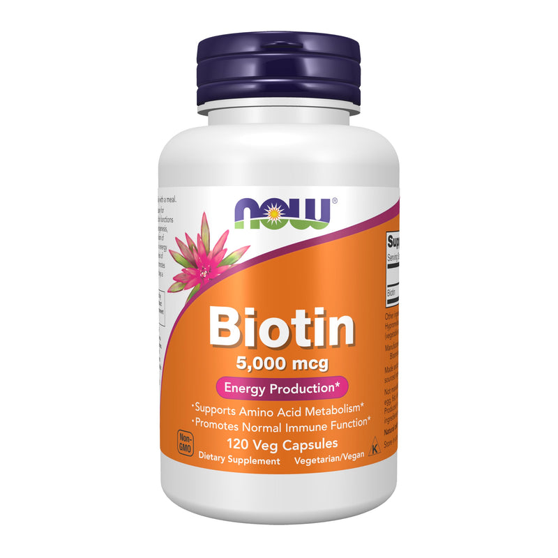 NOW Foods Supplements, Biotin 5,000 mcg, Amino Acid Metabolism*, Energy Production*, 120 Veg Capsules 120 Count (Pack of 1)