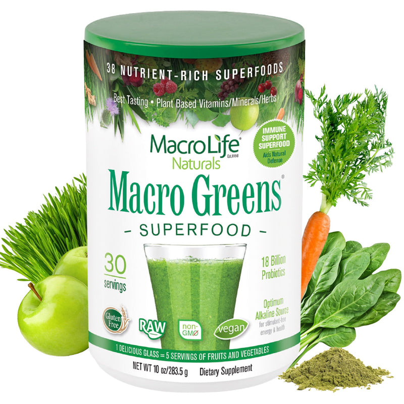 Macro Greens Powder, 10oz | Vegan, Digestive Enzymes, Adaptogens, 18 Billion CFU Probiotics, Non GMO, Vegan, Gluten & Dairy-Free, 30 Servings 10 Ounce (Pack of 1)