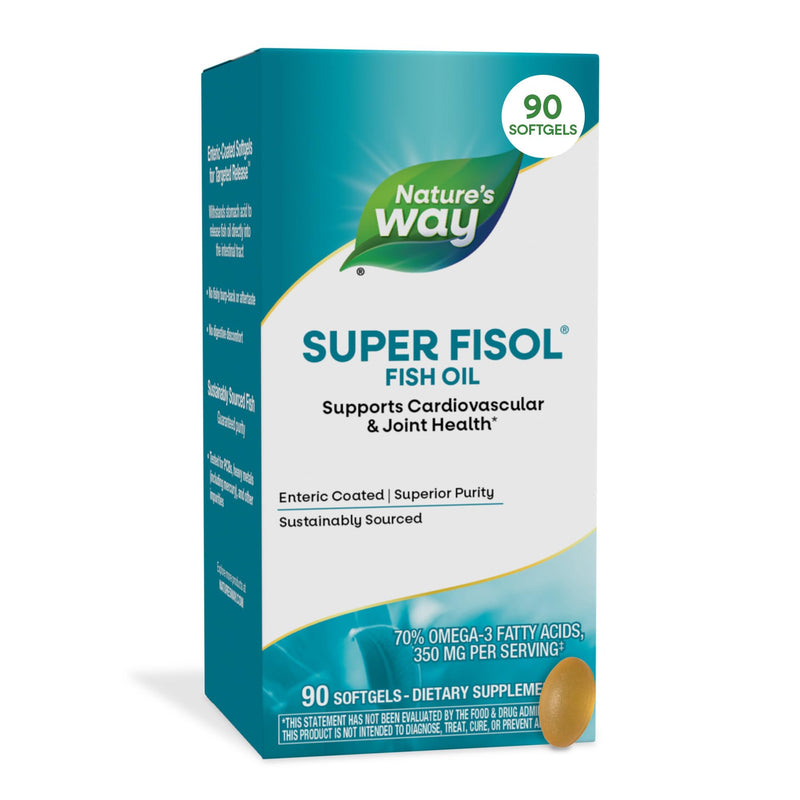 Nature's Way Super Fisol Fish Oil Softgels, Omega-3 Supplement, 90 ct | EPA and DHA, Supports Joint & Cardiovascular Heart Health*, Enteric-Coated Softgels, 350 mg per Serving Yellow 90 Count (Pack of 1)