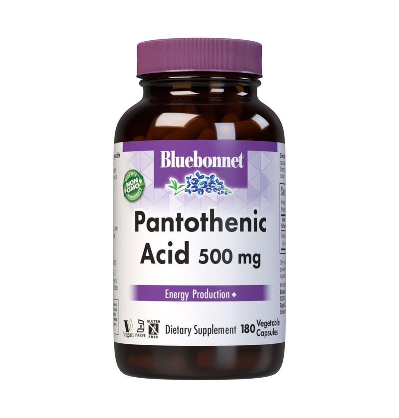 Bluebonnet Pantothenic Acid 500 mg Vegetable Capsules, 180 Count | Non-GMO, Vegan, Gluten-Free 1 180 Count (Pack of 1)