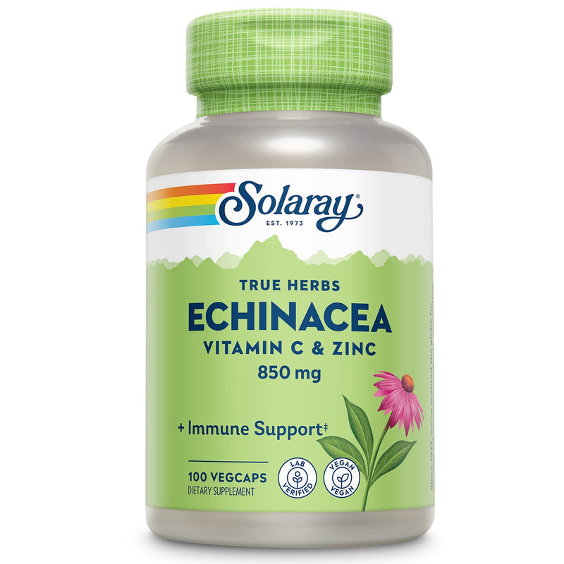 SOLARAY Echinacea Vitamin C and Zinc Wellness Formula - Immune Support Supplement - Echinacea Capsules with Vitamin C 500mg Plus Bioflavonoids, Vegan, 60-Day Guarantee, 50 Servings, 100 VegCaps 100ct