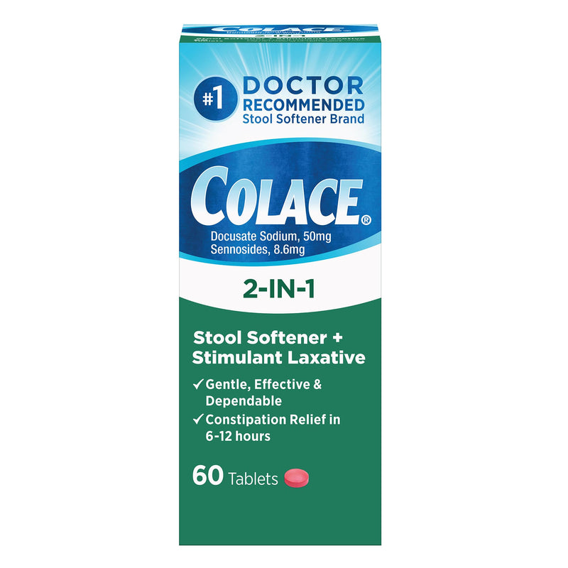 Colace 2-In-1 Stool Softener Plus Stimulant Laxative for Gentle Effective Constipation Relief, Docusate Sodium Plus Sennosides, 60 Count 60 Count (Pack of 1) - BeesActive Australia